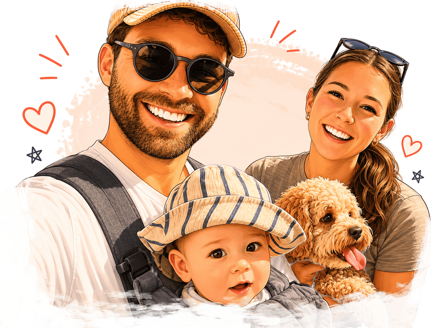 Illustration of Sophie with her family and cavapoo